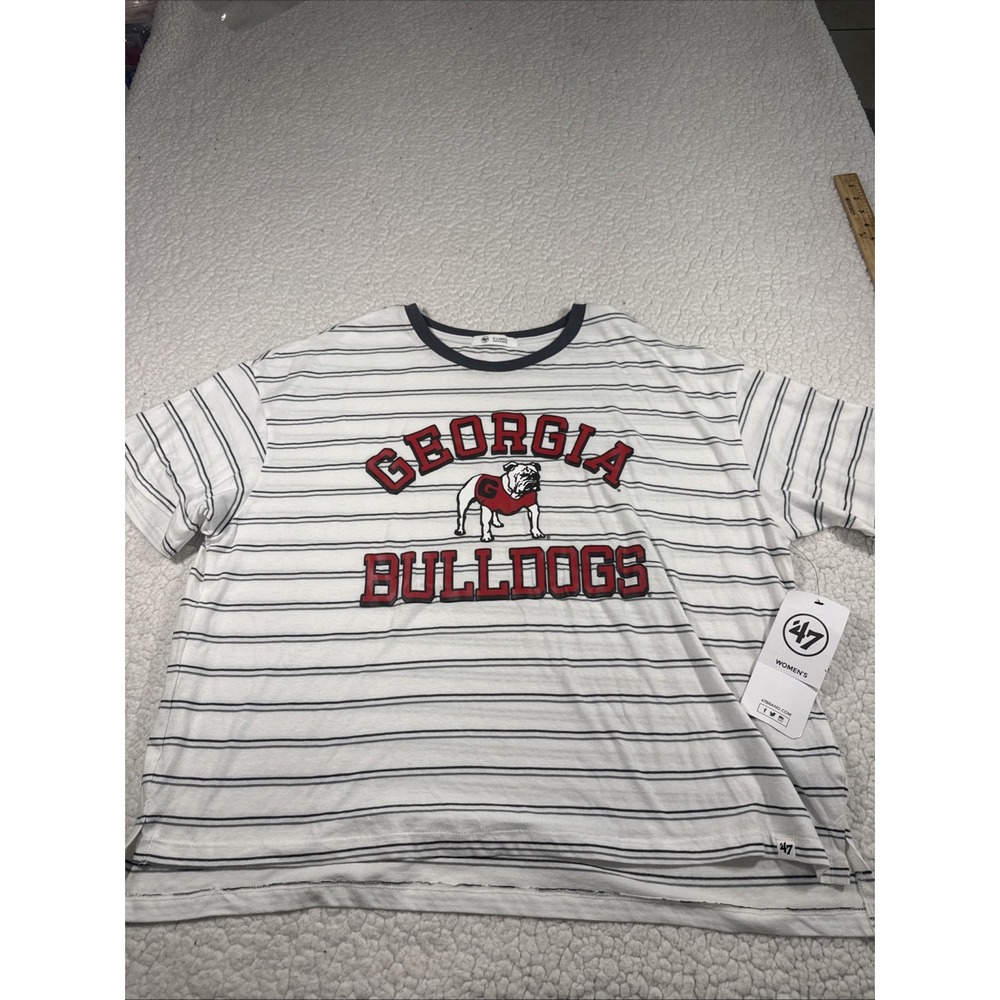 NWT Women's Georgia Bulldogs 47 Brand Striped Tee - X-Large - Gray/White/Red